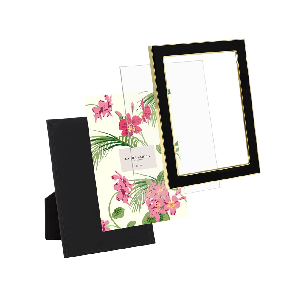 Laura Ashley 5x7 Black Enamel Picture Frame, Gold Metal Edge with Easel, for Countertop, Counterspace, Tabletop Display, Bookshe